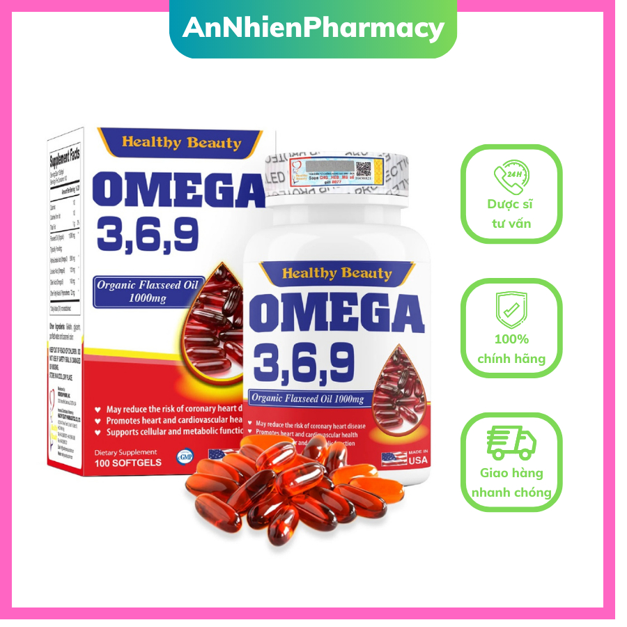 (Nhập ANNHS giảm27k) Viên Uống Healthy Beauty Omega 3,6,9 Từ Dầu Hạt Lanh-Tốt cho tim mạch, tốt cho não,da,mắt Lọ 100v