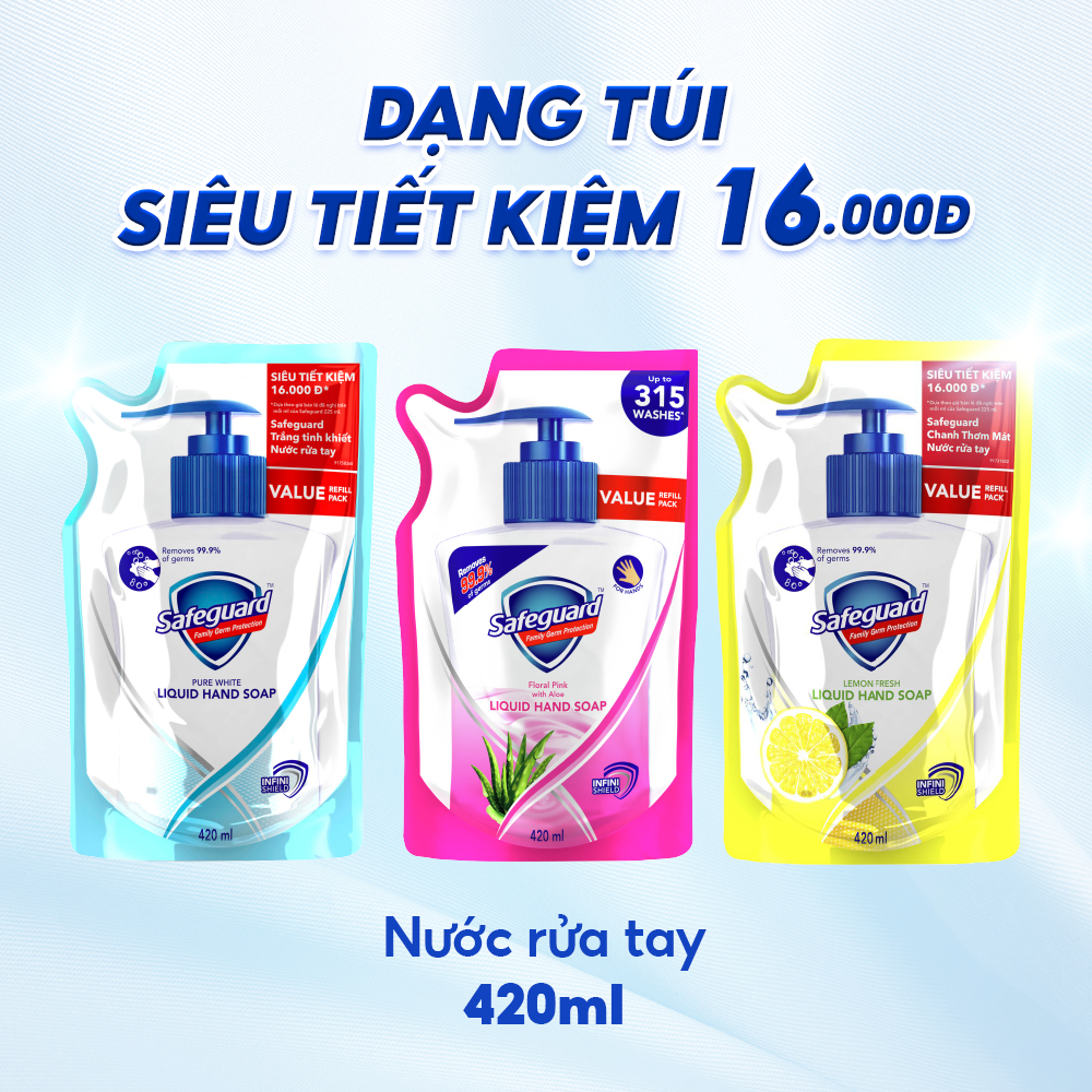 Combo 2 Nước Rửa Tay SAFEGUARD Sạch 99,9% Vi Khuẩn & Dịu Nhẹ Cho Da Chai 450ml Trắng Tinh Khiết