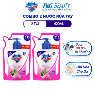Combo 2 Nước Rửa Tay SAFEGUARD Sạch 99,9% Vi Khuẩn & Dịu Nhẹ Cho Da Túi 420ml Hoa Hồng Lô Hội