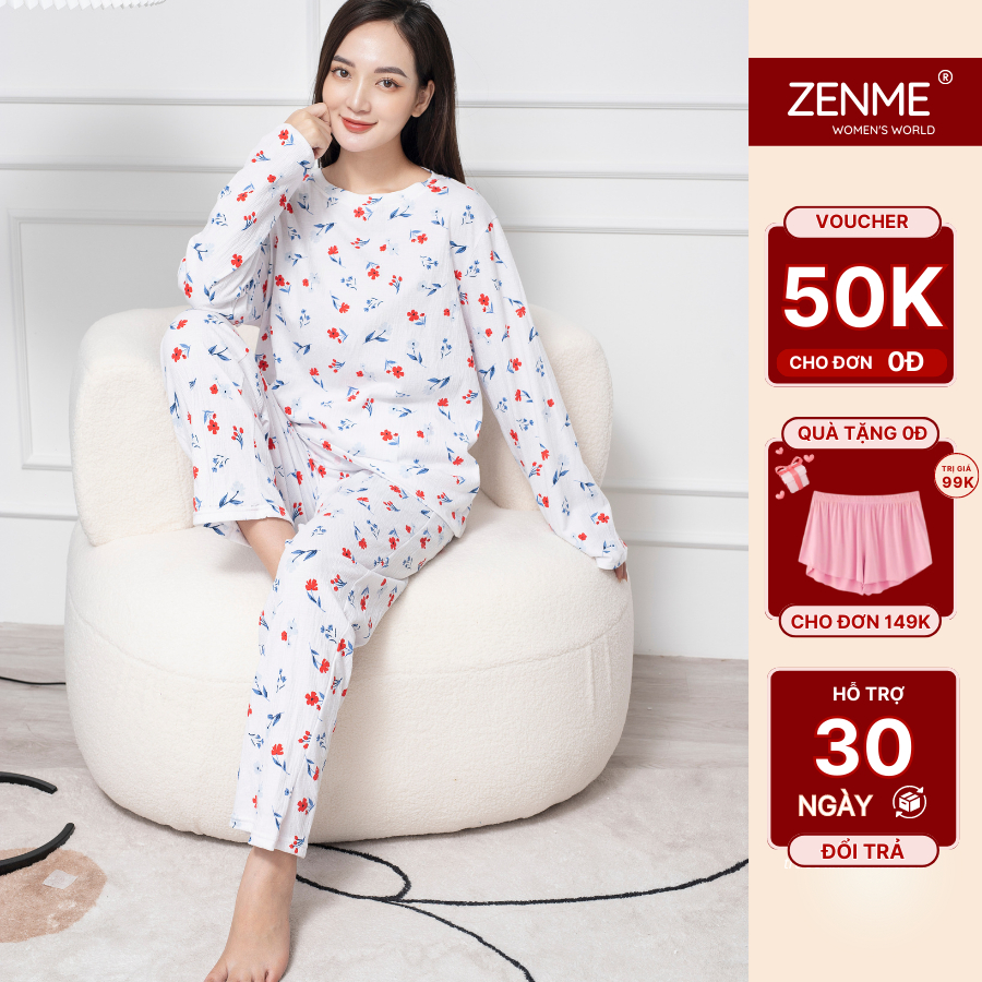 Đồ Bộ Nữ Mặc Ở Nhà Zen Me Women's World Chất Liệu Cotton Xốp Dài Tay Mềm Mịn Thoải Mái Họa Tiết Hoa Btd1122, ZenMe
