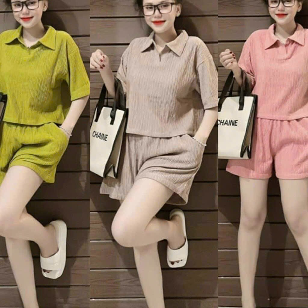 Set đồ bộ áo cổ trụ lửng, chất xốp mix quần đùi có túi đủ màu đơn giản thích hợp mặc đi chơi, ở nhà đều xinh xắn