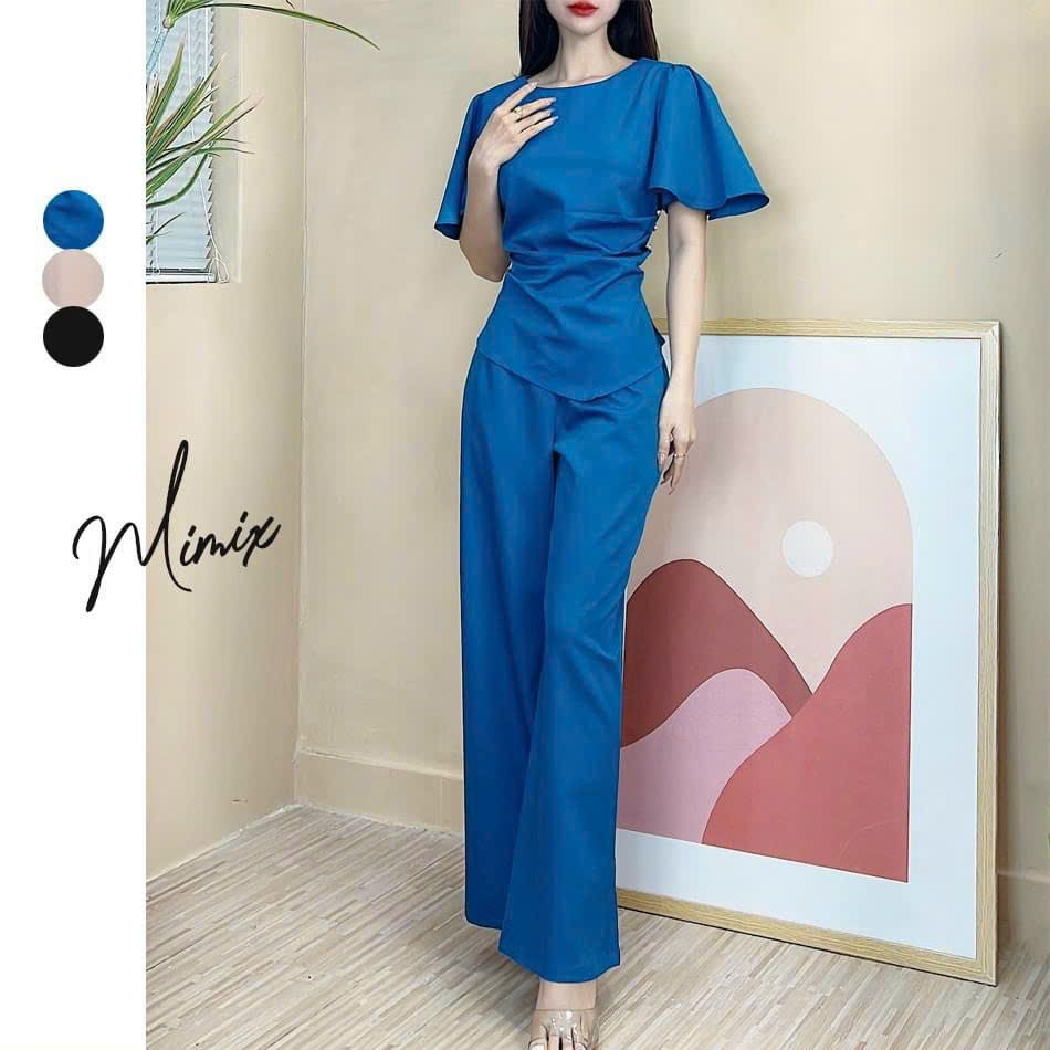 Set đồ bộ nữ áo vạt bầu chiết eo đính ngọc, chất cotton lạnh kèm quần suông ống rộng sang trọng mặc đi làm, đi chơi xinh