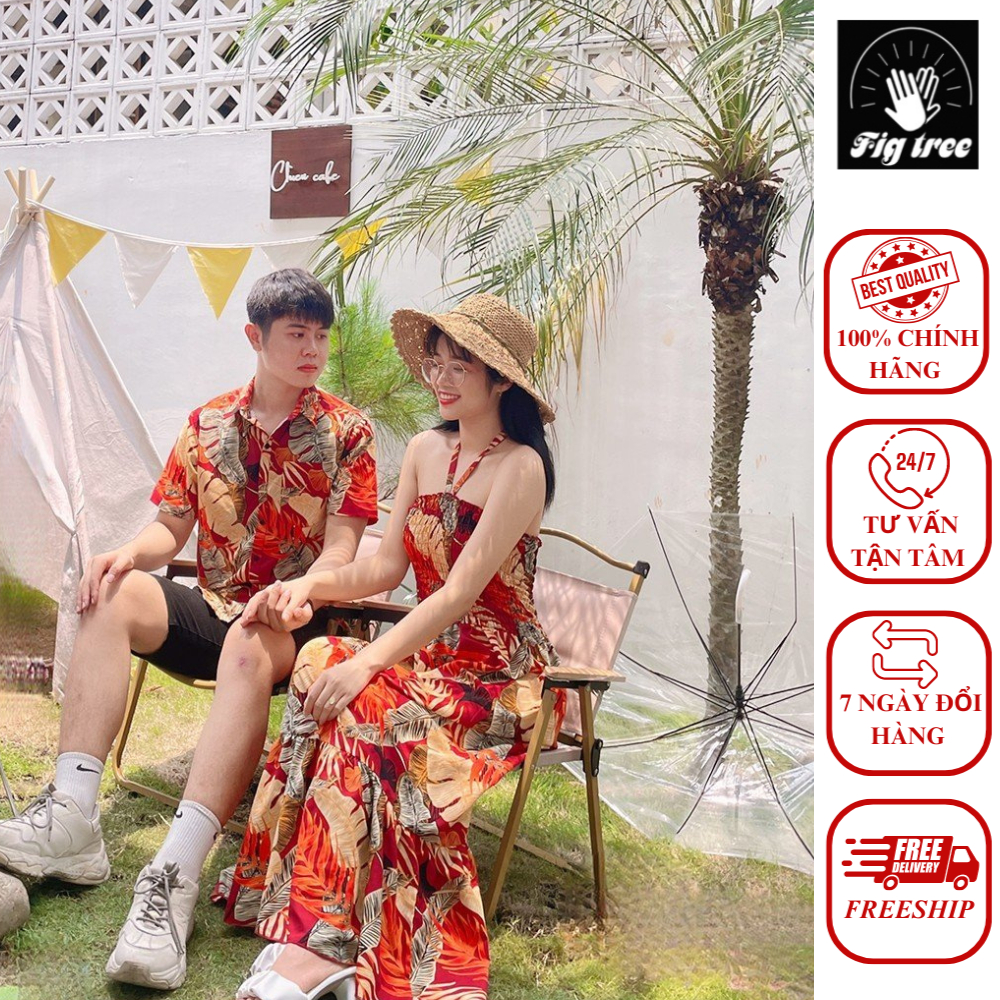 Sơ Mi Váy Đôi Fig Tree Đi Biển Họa Tiết Chiếc Lá Đỏ Siêu Xinh Mã 180