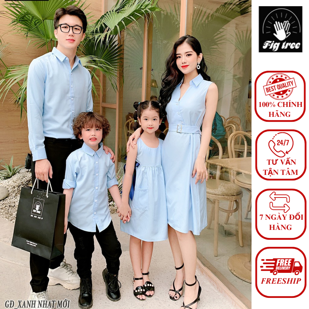 Set Sơ Mi Váy Gia Đình FIGTREE Xanh Nhạt New Nhã Nhặn