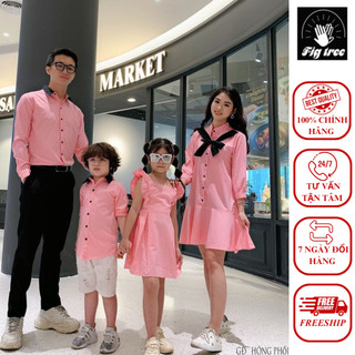 Set Sơ Mi Váy Gia Đình FIGTREE Hồng Phối Đen Siêu Dễ Thương Cho Cả Nhà