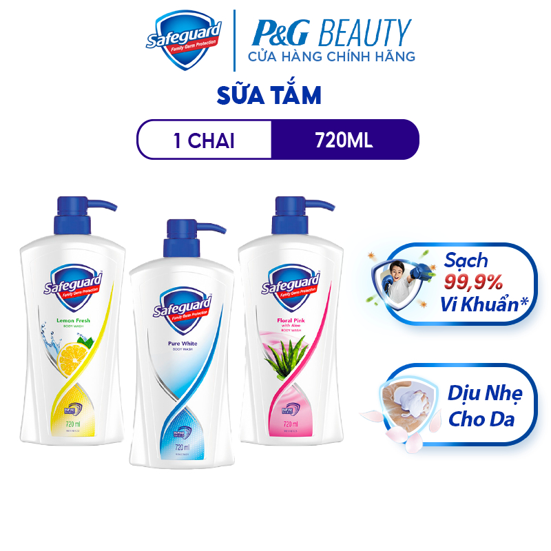 Sữa Tắm SAFEGUARD Sạch 99.9% Vi Khuẩn & Dịu Nhẹ Cho Da Chai 720ml Trắng Tinh Khiết/Nha Đam/Chanh Tươi Mát: Nha Đam