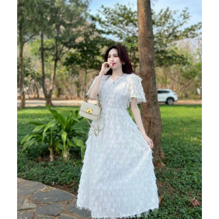 Đầm công chúa màu trắng đi tiệc chất xô lông cao cấp, váy đầm nữ dáng dài sang trọng màu trắng tinh khôi