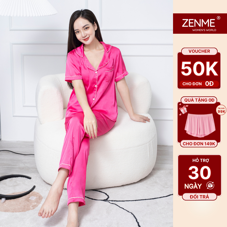 Đồ Bộ Ngủ Lụa Zen Me Chất Liệu Latin Cao Cấp Mền Mịn Thoải Mái - Pyjama Cộc Tay Quần Dài Màu Hồng Trơn Nữ Tính, ZenMe