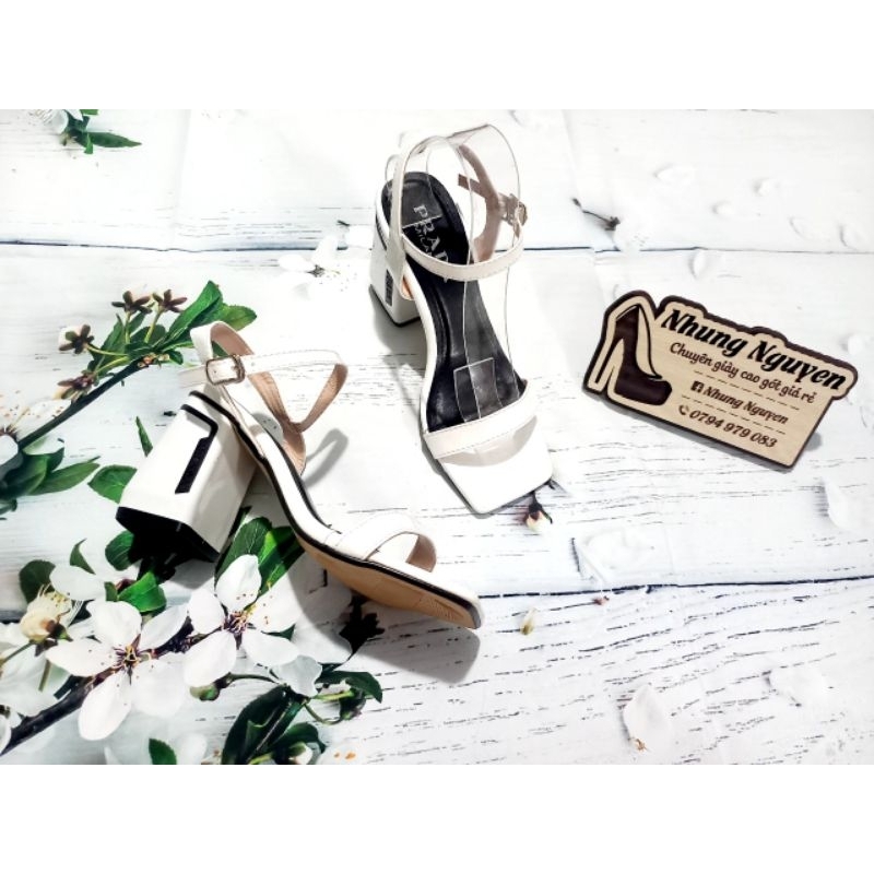 Sandals trắng gót trụ, gót 8 phân