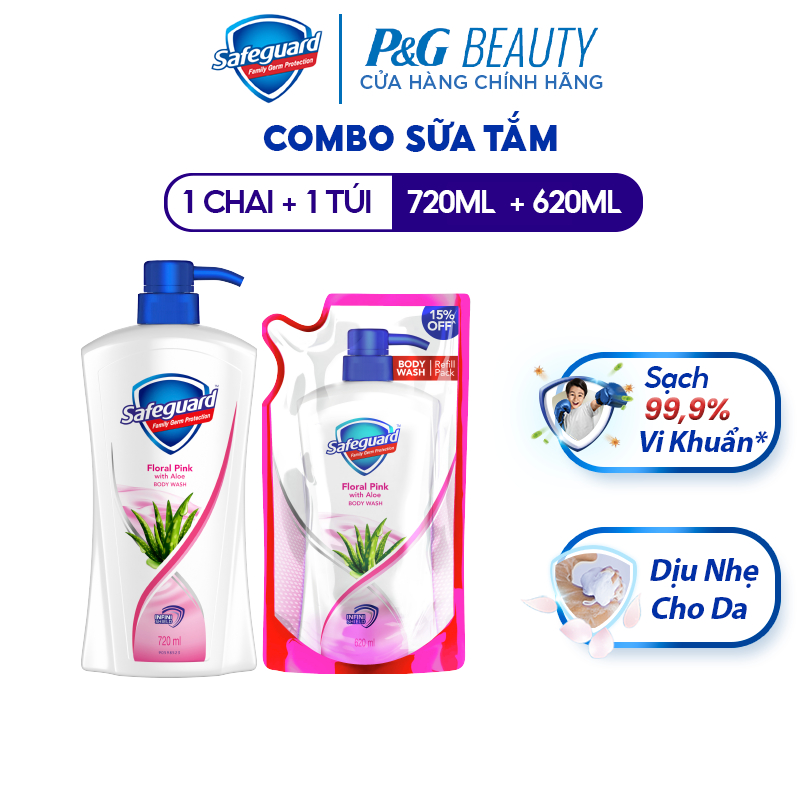 Combo Sữa Tắm SAFEGUARD Sạch 99,9% Vi Khuẩn & Dịu Nhẹ Cho Da Chai 720ml & Túi 620ml Hoa Hồng Lô Hội