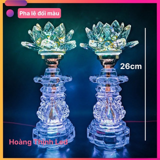 Bộ 2 Đèn thờ pha lê hoa sen đổi màu 26cm - nhiều chế độ sáng- đèn thờ 7màu