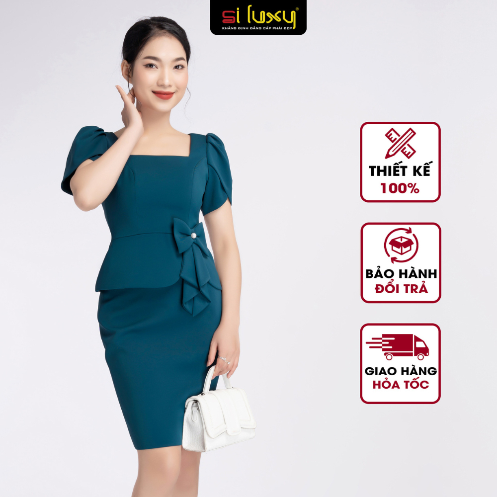Đầm nữ công sở Siluxy Thiết Kế Cao Cấp Giới Hạn Số Lượng dáng ôm tay phồng búp sen cổ vuông sang trọng nơ eo tinh tế