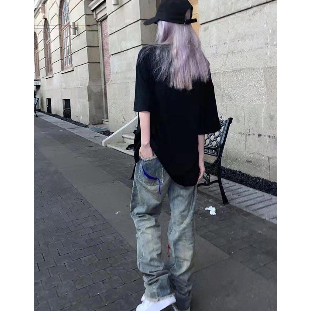 Quần jean rách phù hợp với màu thêu hợp thời trang với eo cao và giảm béo