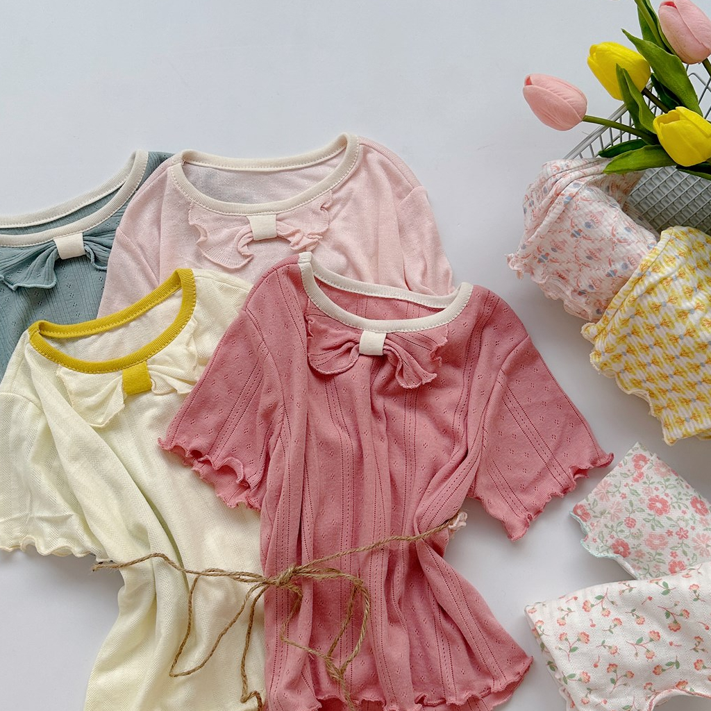 Bộ cộc tay họa tiết phối viền nơ cho bé Minium, Bộ quần áo trẻ em cotton thu hè, miniumbabyfashion SB1430, SB1466
