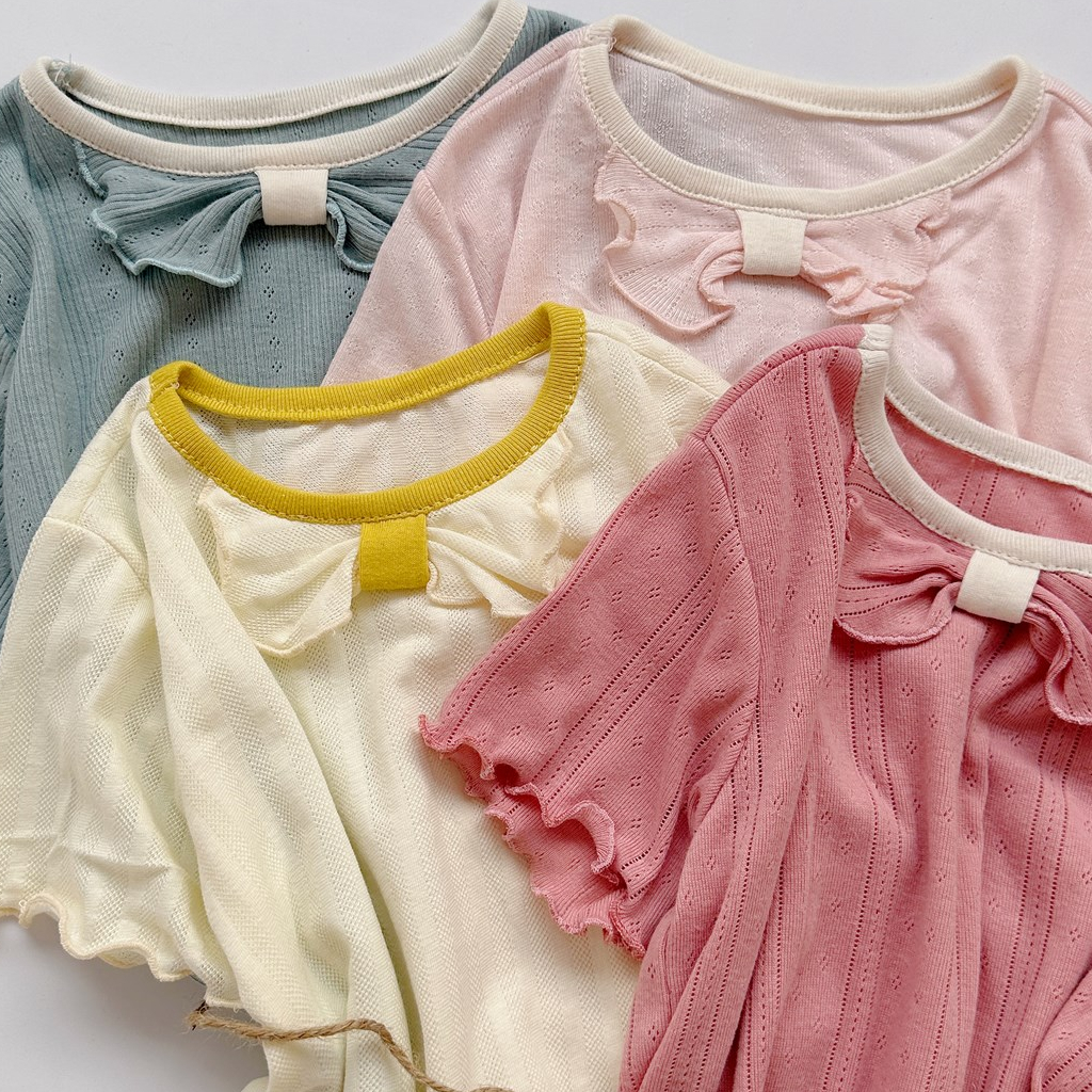 Bộ cộc tay họa tiết phối viền nơ cho bé Minium, Bộ quần áo trẻ em cotton thu hè, miniumbabyfashion SB1430, SB1466