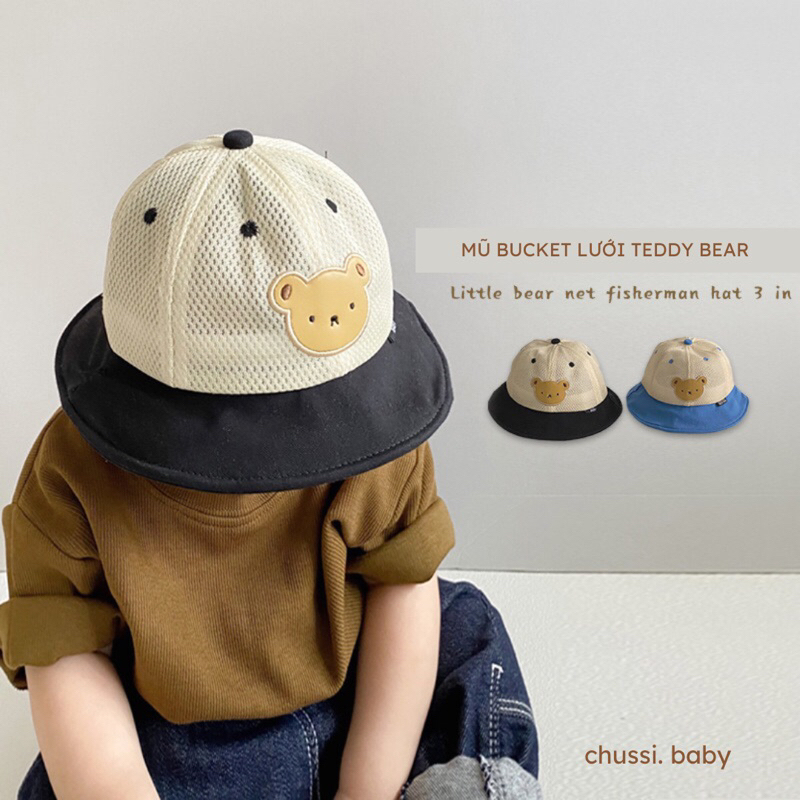 Mũ Bucket Lưới Gấu Teddy Cho Bé Nón Rộng Vành Chống Nắng Trẻ Em Siêu Xinh