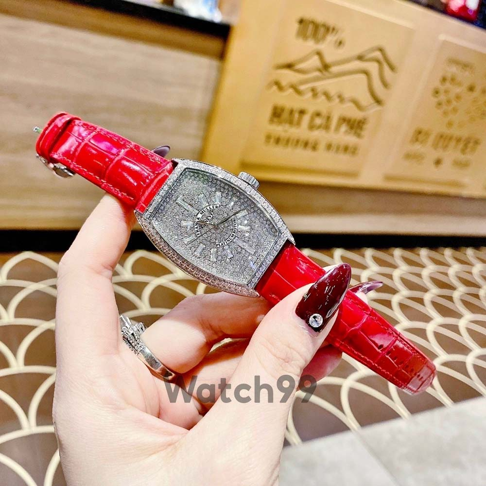Đồng hồ nữ dây da F.r.a.n.k Muller mặt full đá kinh điển đá đính chắc chắn sáng long lanh