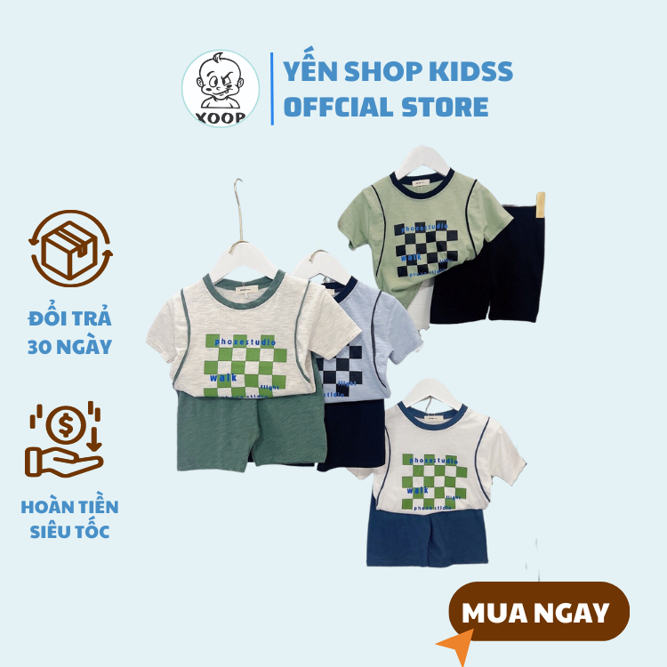 Bộ quần áo trẻ em Bộ cộc tay cotton vân gỗ - XOOP in bàn cờ mẫu mới (cân nặng từ 8-18kg) BC56 Yến Shop Kidsss