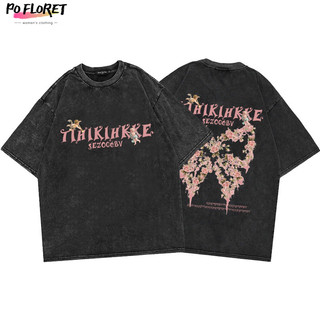 POFLORET Áo thun unisex 100% cotton dáng rộng in họa tiết bướm cổ điển oversize