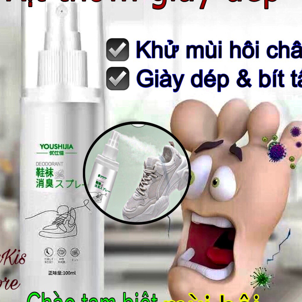 Xịt khử mùi giày, tất, hôi chân, mũ bảo hiểm, túi xách, kháng khuẩn hiệu quả, an toàn cho da, chai xịt 100ml