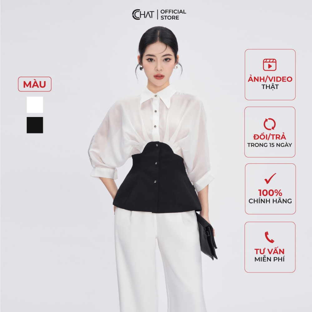 Áo Kiểu Nữ 𝐂𝐂𝐇𝐀𝐓 Dáng Sơ Mi Tay Dơi Xếp Nếp Chất Voan Cao Cấp Mềm Mịn 53FNV8015OT