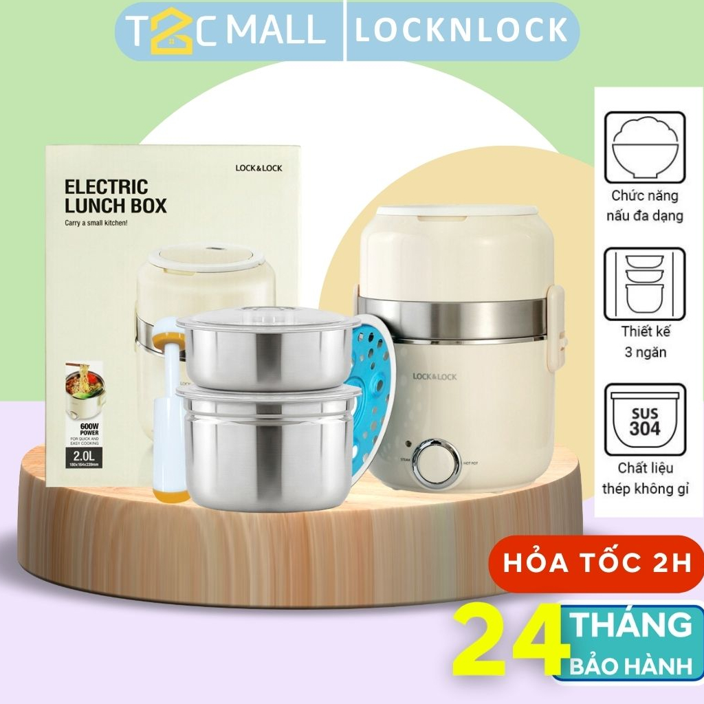 Hộp Cơm Điện LocknLock- Chất liệu PP, SUS304 an toàn, nấu hoặc hâm nóng, kèm dụng cụ hút chân không EJR226IVY 2 Lít
