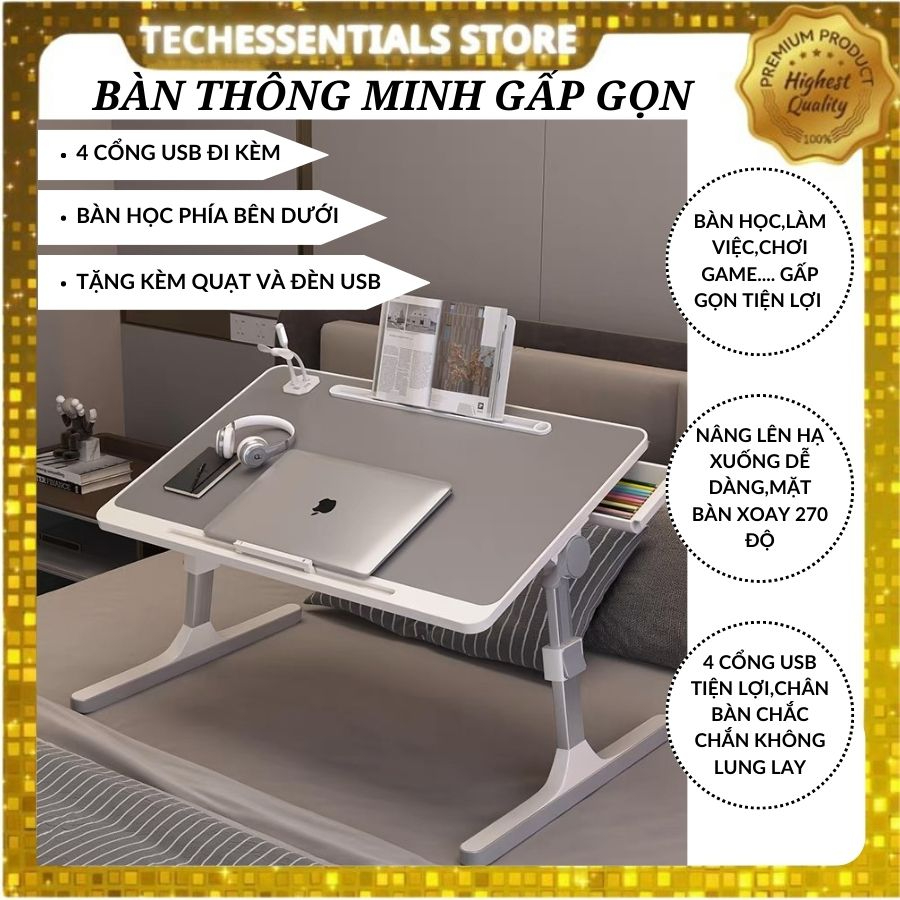 Bàn Học Gấp Gọn Thông Minh, Bàn Làm Việc đa năng có cổng USB, Giá đỡ ipad, Bàn gấp đọc sách đa năng siêu đẹp