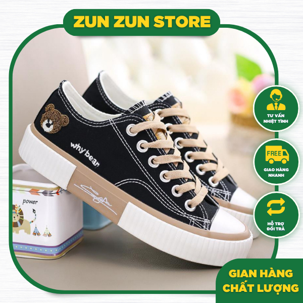 Giày cv thấp cổ hình gấu dáng thể thao hottrend, giày vải đế cao su cao cấp hàng full box