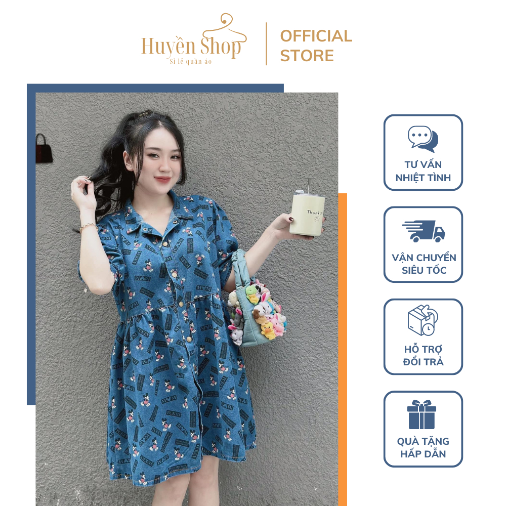 Váy Cổ Sơ Mi Nữ Jean Bò Mềm Thấm Mồ Hôi In Hình Chuột Micky Cùng Với Các Chữ Nhỏ Freesize Từ 43-60kg - Huyền Shop