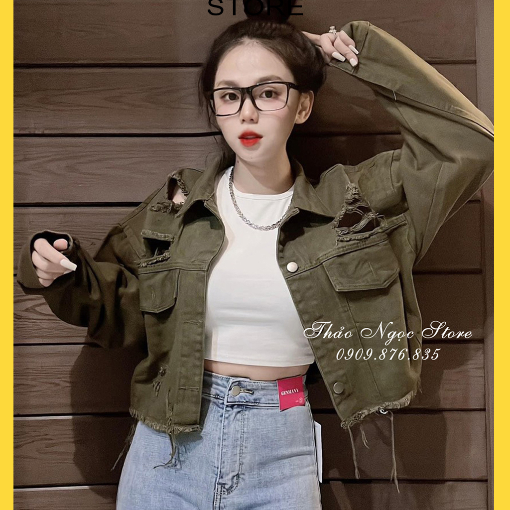 Áo khoác jean rách túi đắp tay dài, áo khoác jean rách form lửng! (hàng có sẵn, hình thật)