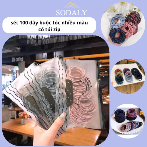Set 100 dây buộc tóc SODALY dây thun buộc tóc trơn đựng Túi Zip Mix nhiều màu
