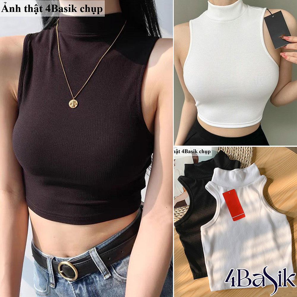 Áo croptop nữ trơn 4BASIK sát nách cổ lọ thun bo gân co giãn form basic - CR12