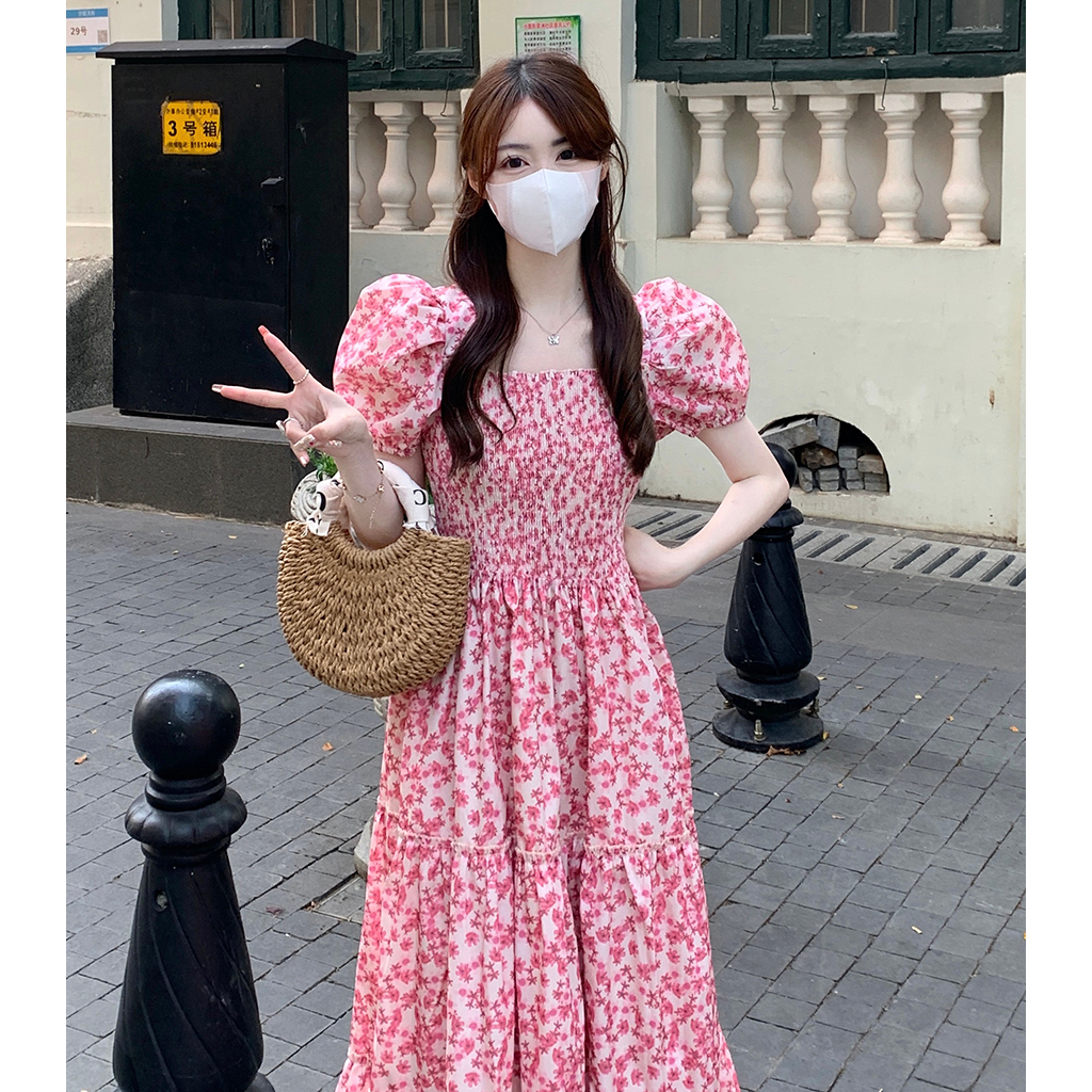 (ORDER) Váy dài cổ vuông Đầm họa tiết hoa nhí cổ điển phong cách Pháp