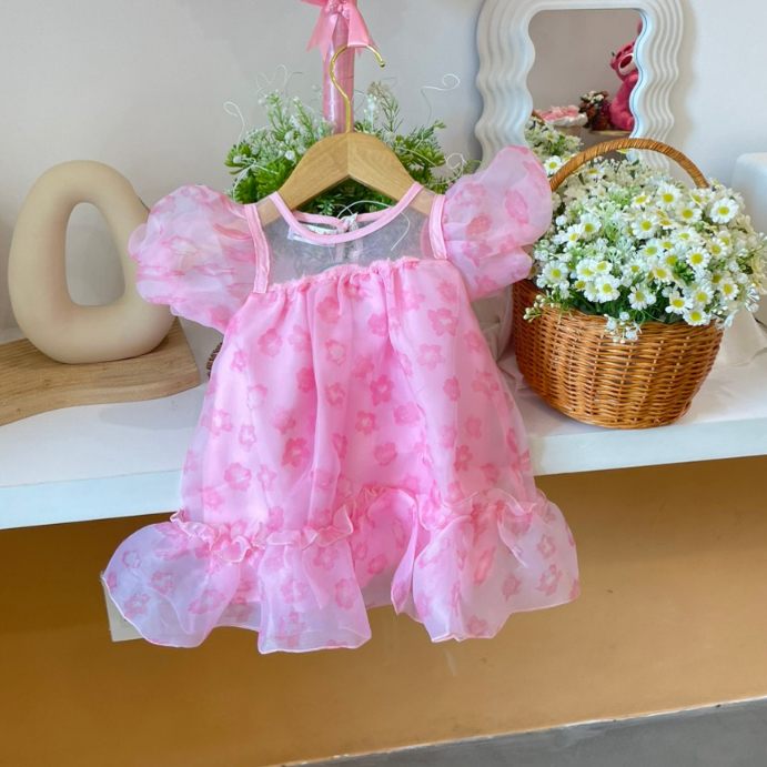 Váy hồng họa tiết hoa tay bồng cho bé gái