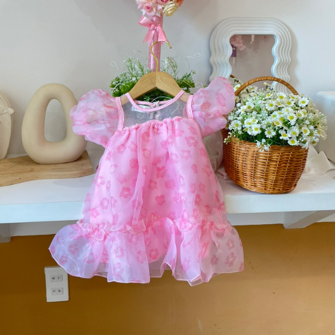 Váy hồng họa tiết hoa tay bồng cho bé gái