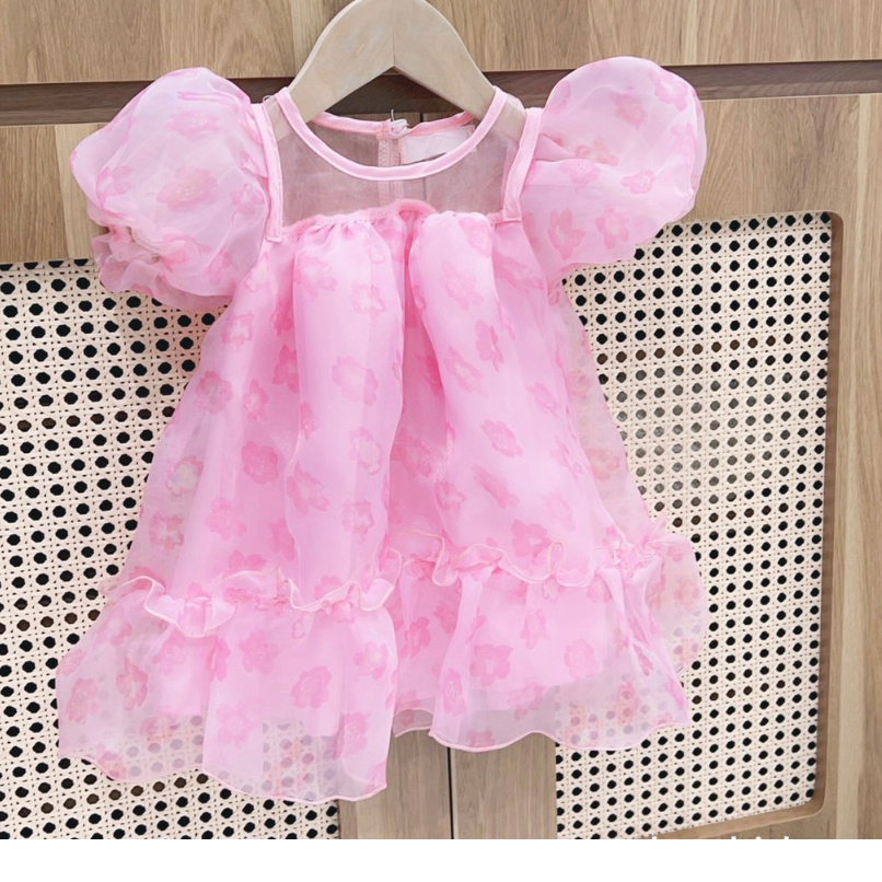 Váy hồng họa tiết hoa tay bồng cho bé gái