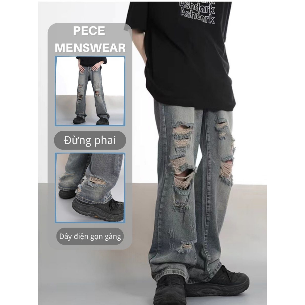Quần jean rách gối nam đồ đôi Quần jean ôm thời trang quần bò rách gối hiphop retro quần jean nam ống rộng