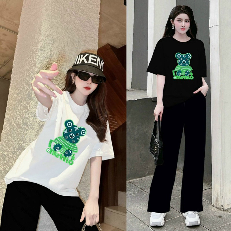 BỘ THUN COTTON QUẦN ỐNG XUÔNG ÁO THÊU GẤU XANH