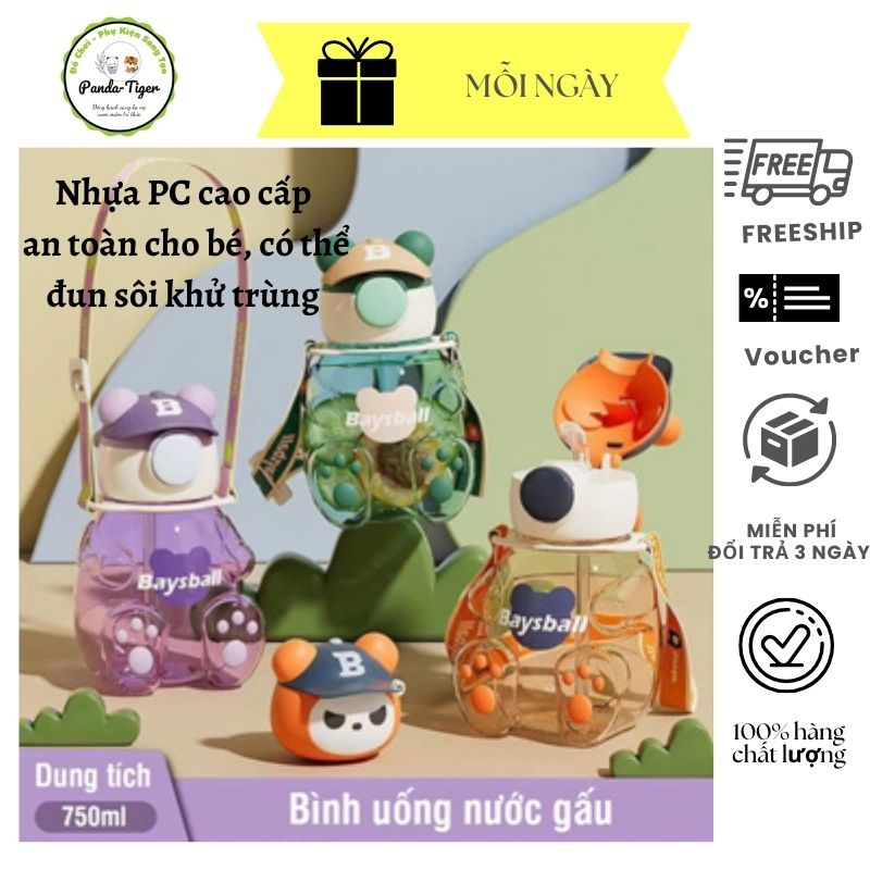 Bình uống nước cho bé có ống hút và dây đeo gấu 750ml, dụng cụ cho bé