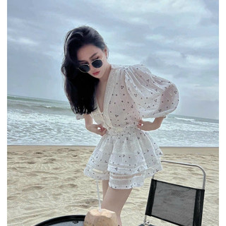 Set đi biển hoa nhí, Set hoa nhí tay bồng, Set váy đi biển hoa nhí Freesize 57kg 2 màu be trắng xinh xắn