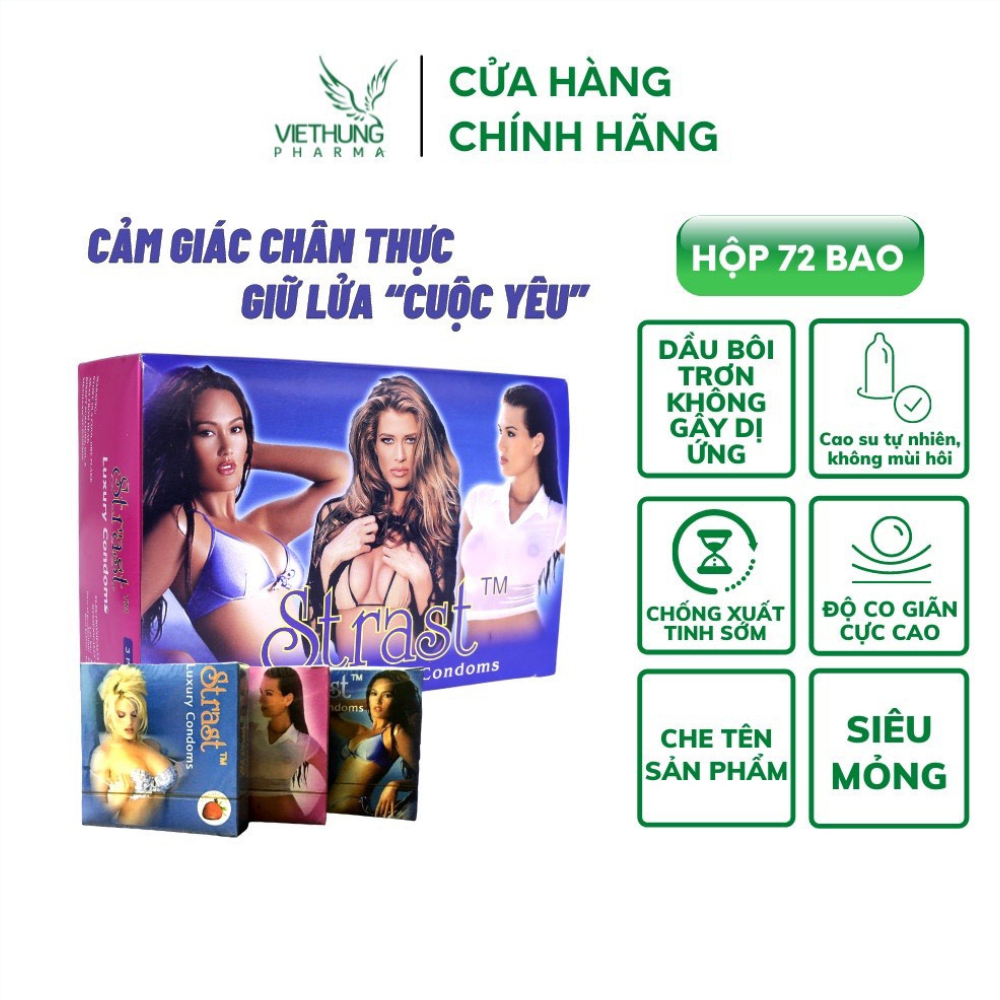 Bao cao su gia đình Strast Luxury, bao cao su gai bi mềm quanh thân, bổ sung nhiều gel bôi trơn - Hộp 72 cái