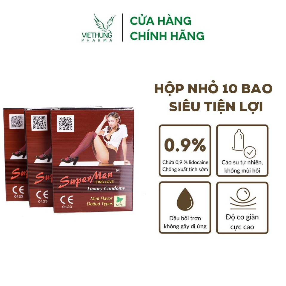 Bao cao su siêu mỏng Supermen, có chấm bi nhỏ kéo dài thời gian, nhiều gel bôi trơn, hộp 10 bao