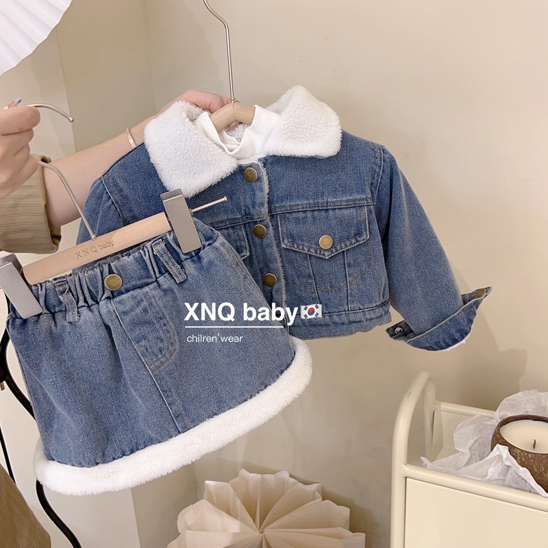 Set Bò Denim Lót Lông Cừu Cho Bé Gái Cực Kun