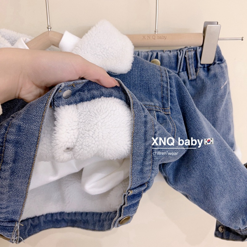 Set Bò Denim Lót Lông Cừu Cho Bé Gái Cực Kun