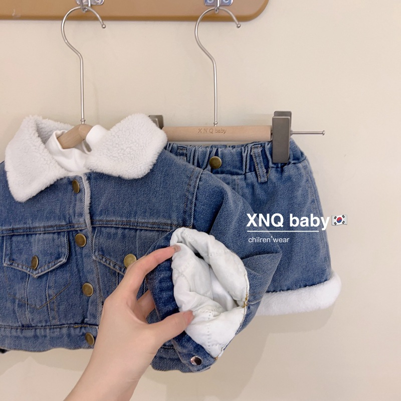 Set Bò Denim Lót Lông Cừu Cho Bé Gái Cực Kun