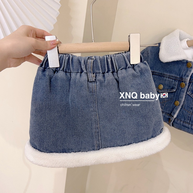 Set Bò Denim Lót Lông Cừu Cho Bé Gái Cực Kun