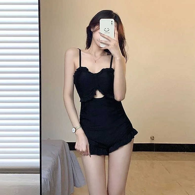 (Hàng QCCC-Video- mẫu 2023) Bikini bộ bơi liền thân 2 dây đan lưng màu đen phong cách Hàn Quốc cực xinh