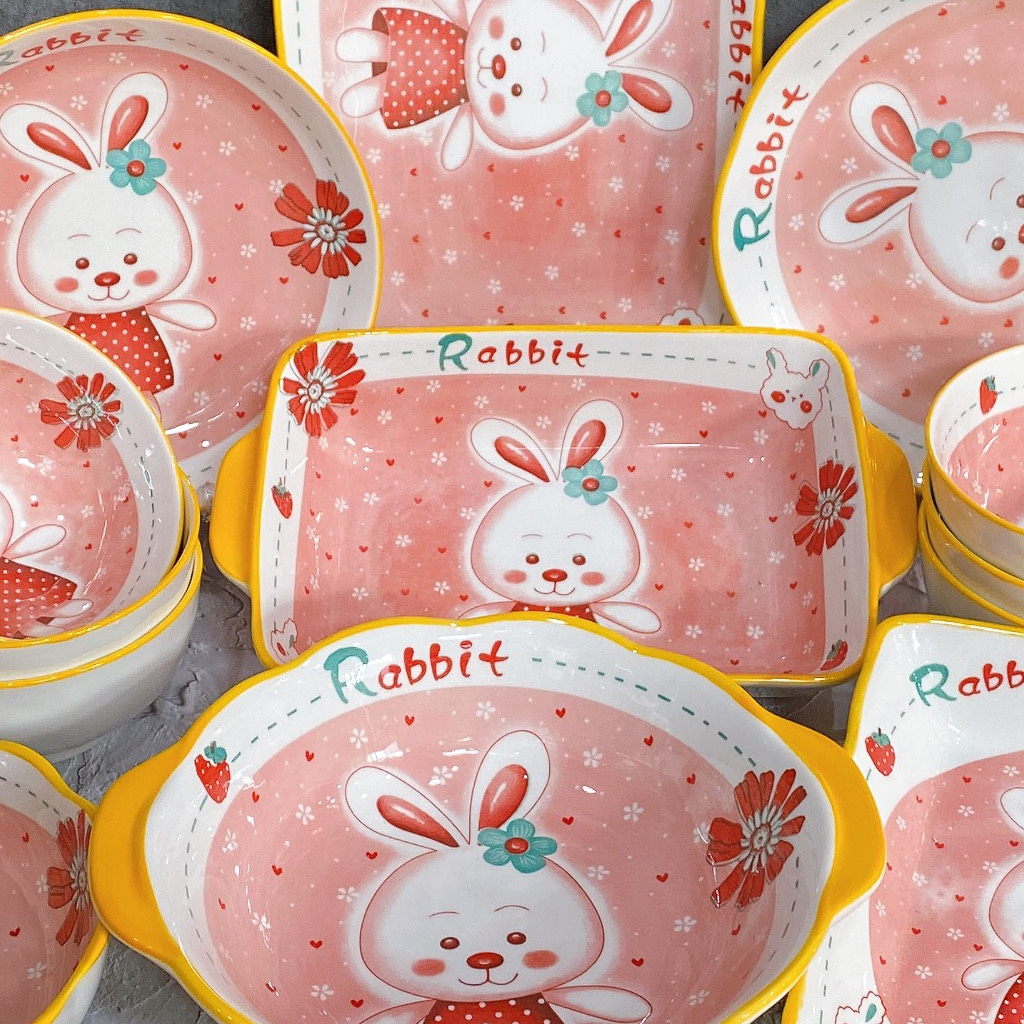 Tổng hợp bộ bát đĩa decor bộ thỏ hồng rabbit siêu xinh cho bé