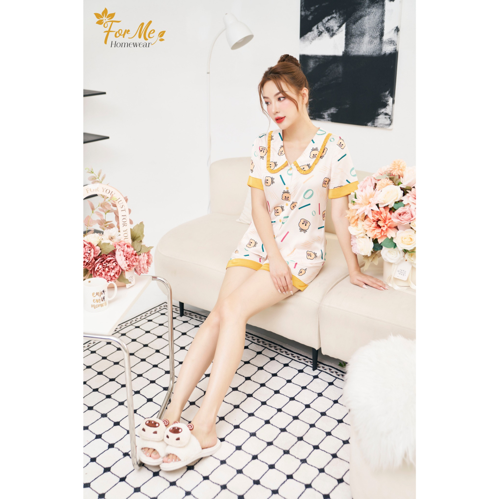 Bộ Lụa Ngắn Tay Quần Đùi VỊT VÀNG CỔ SEN 09, ForMe Pijamas