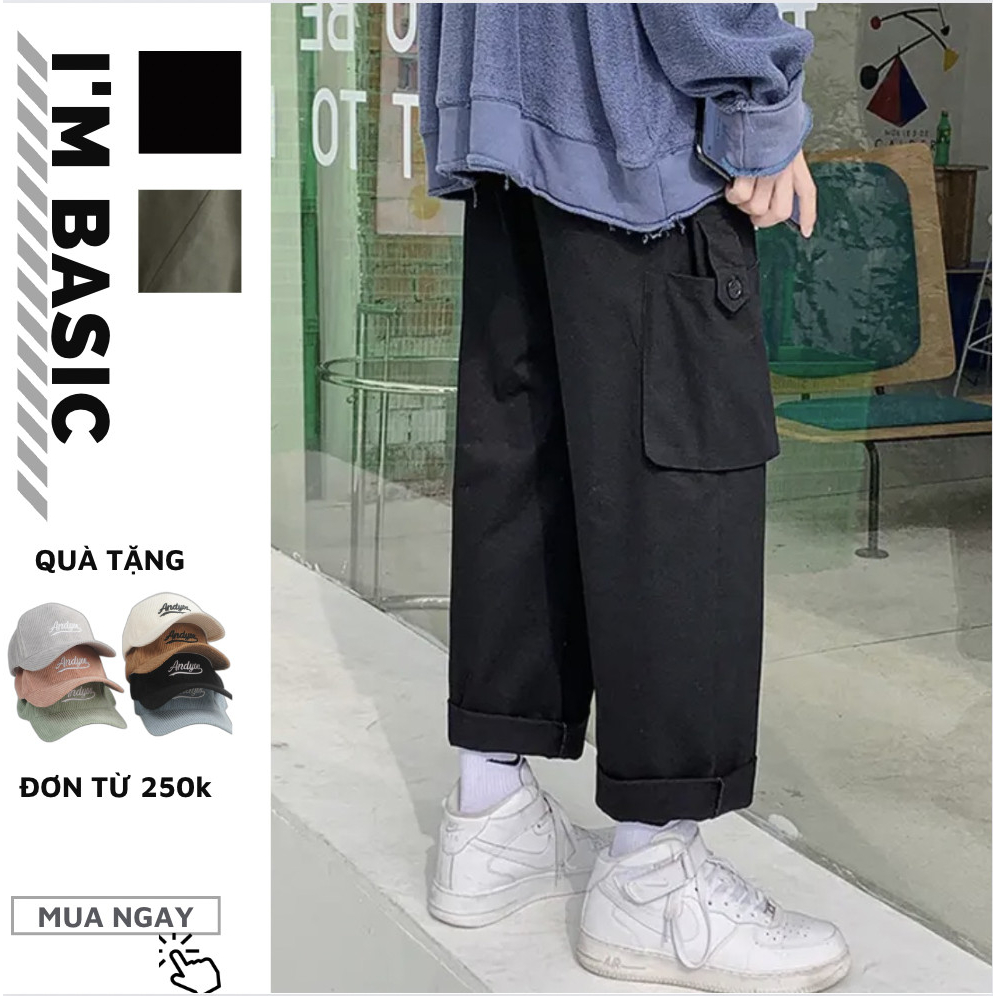 Quần Cargo pants ống rộng cạp chun có túi hộp phong cách Nhật Bản cho nam nữ vải kaki cotton form mềm QCS01